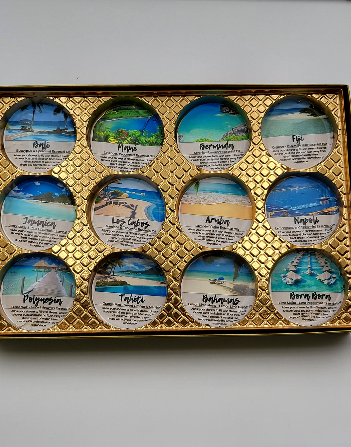 Destination Shower Steamers Gift Set with 12 Aromatherapy Shower Bombs - 100% Essential Oil Blends - fun - summery scents