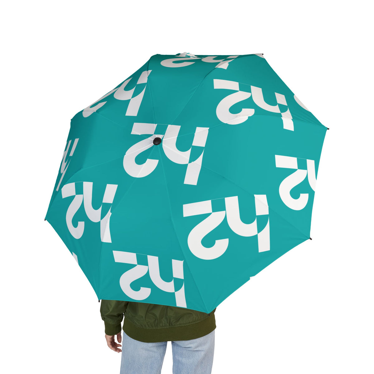 Teal Logo Pattern Foldable Umbrella — Semi‑Automatic Compact Rain Shield