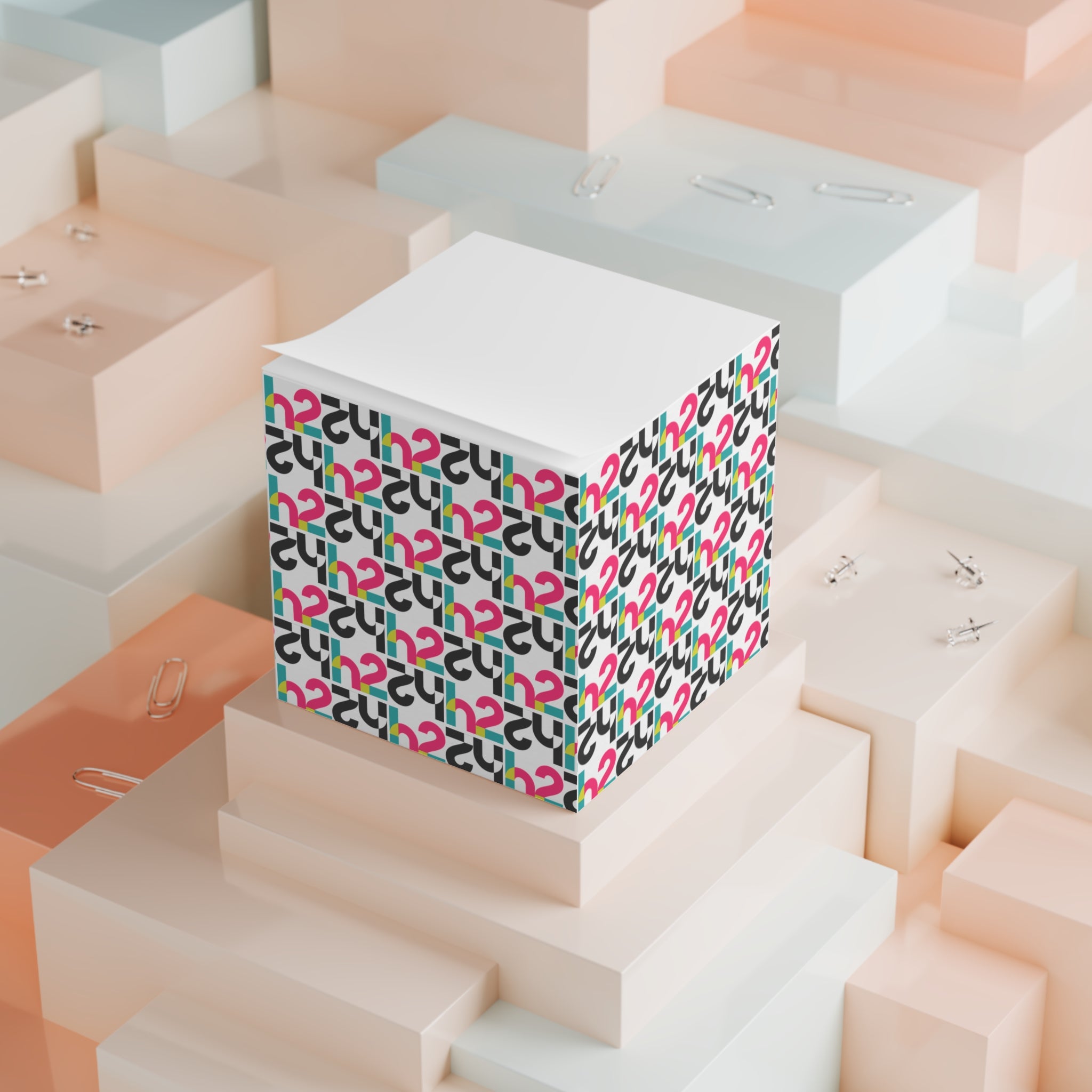 Retro Geometric Note Cube — Colorful Pattern Sticky Memo Cube