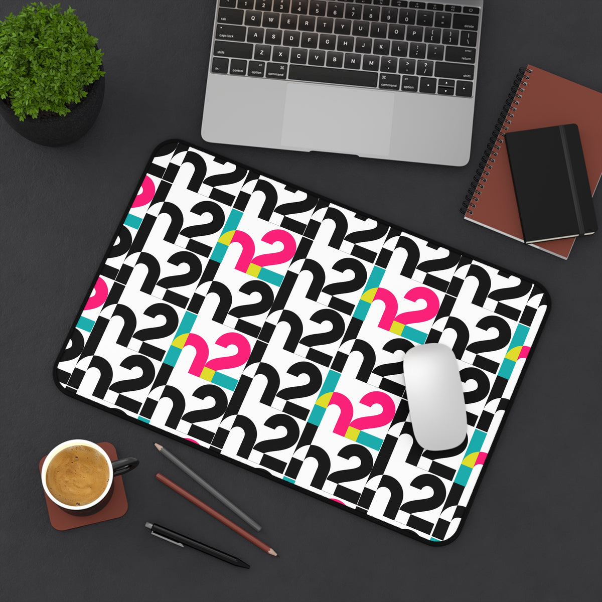 Retro Geometric Desk Mat — Bold 2 Pattern in Black, Cyan & Magenta
