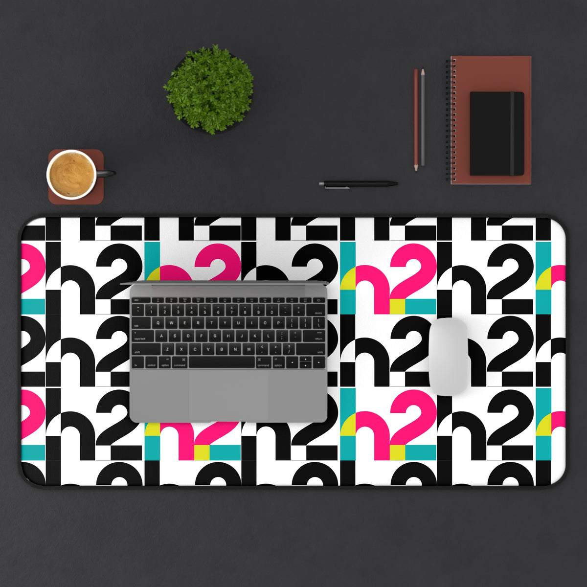 Retro Geometric Desk Mat — Bold 2 Pattern in Black, Cyan & Magenta