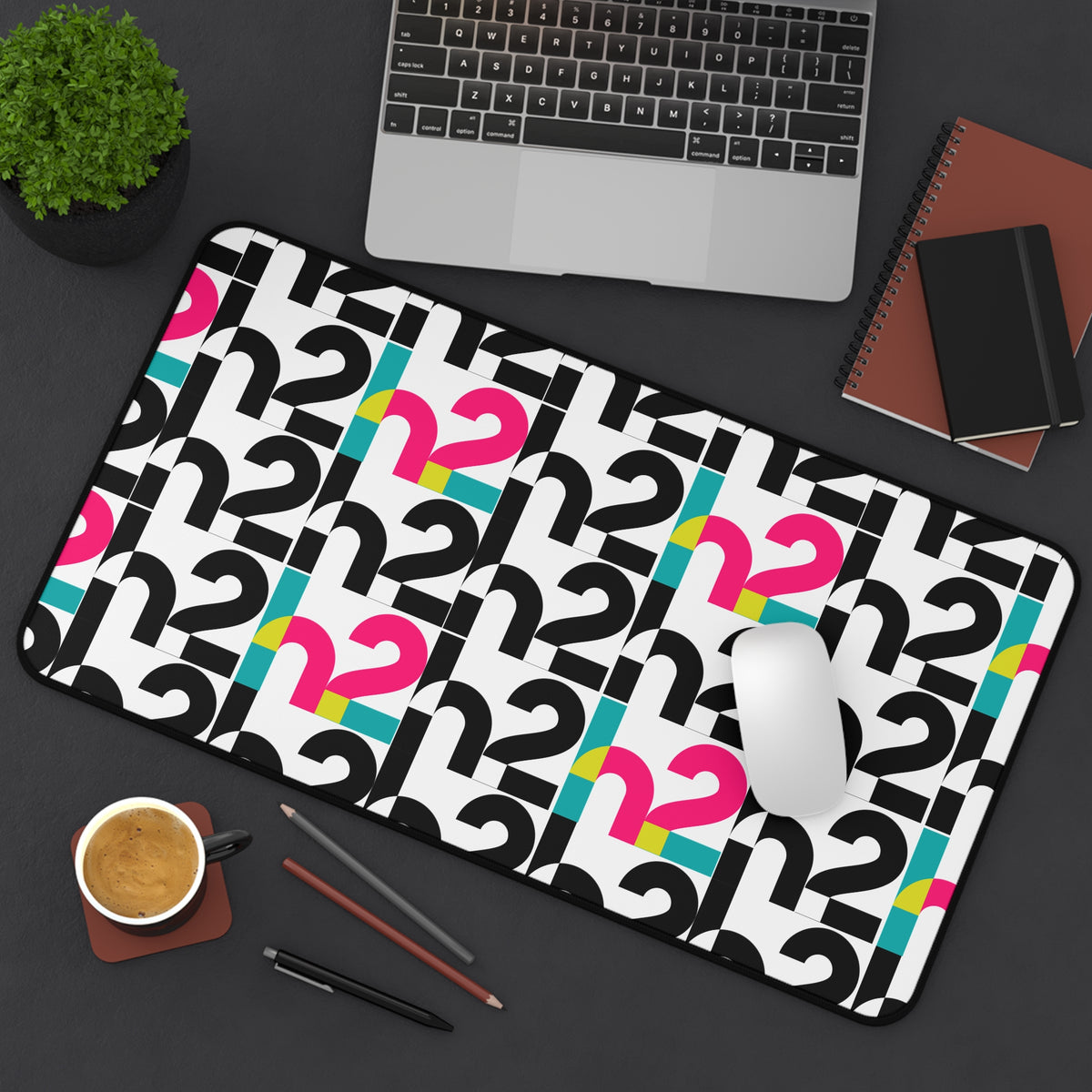 Retro Geometric Desk Mat — Bold 2 Pattern in Black, Cyan & Magenta