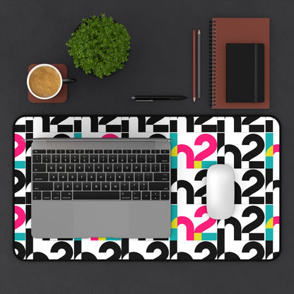 Retro Geometric Desk Mat — Bold 2 Pattern in Black, Cyan & Magenta