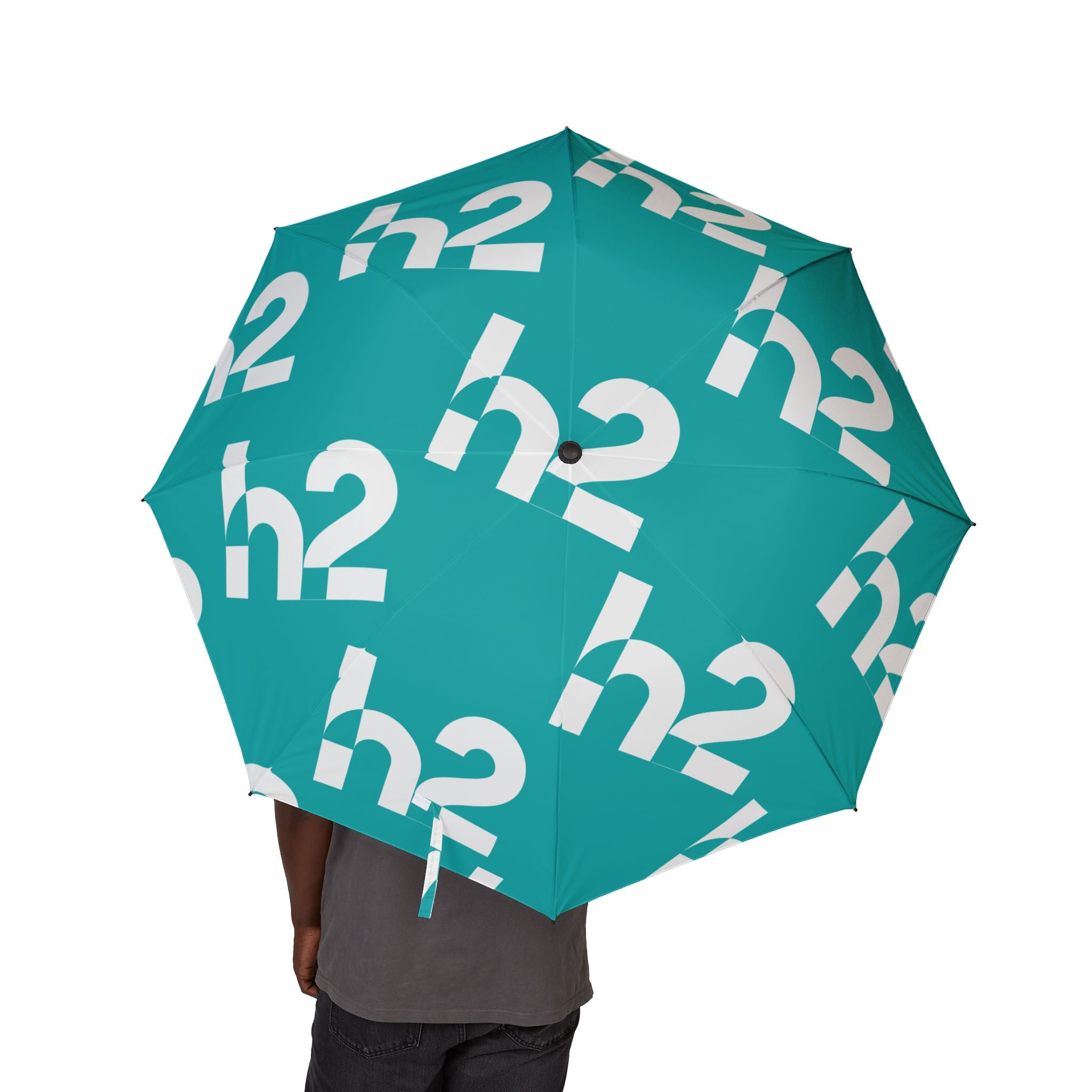 Teal Logo Pattern Foldable Umbrella — Semi‑Automatic Compact Rain Shield